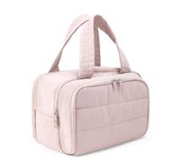 XKIILH Travel Toiletry Bag for Women, Large Lightweight Puffy Makeup Bag, Wide-open Wet-Dry Separation Organizer with Multi-Pocket & Carry Handle for Toiletries, Cosmetics, Essentials, Light Pink, M