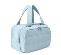 XKIILH Travel Toiletry Bag for Women, Large Lightweight Puffy Makeup Bag, Wide-open Wet-Dry Separation Organizer with Multi-Pocket & Carry Handle for Toiletries, Cosmetics, Essentials, Light Blue, M