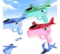 XKrmp Dinosaur Foam Glider Airplane Launcher Toy,8" Mechanical Catapult Gun Aircraft, Crash-Resistant EPP Plane with 33-59ft Long Flight Distance & Dual Mode,Outdoor Active Play Birthday Gift (3Pcs)