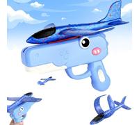 XKrmp Dinosaur Foam Glider Airplane Launcher Toy,8" Mechanical Catapult Gun Aircraft, Crash-Resistant EPP Plane with 33-59ft Long Flight Distance & Dual Mode,Outdoor Active Play Birthday Gift (Blue)