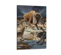 XKUGA Animal Poster Vintage North American Bison Vs Wolves Modern Decorative Canvas Prints - Ideal Wall Art for Family, Man Cave, Game Room, Boys & Girls Bedroom 16x24inch(40x60cm)