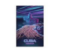 XKUGA Retro Futuristic Neon Cuba Havana City Map Poster Modern Decorative Canvas Prints - Ideal Wall Art for Family, Man Cave, Game Room, Boys & Girls Bedroom 24x36inch(60x90cm)