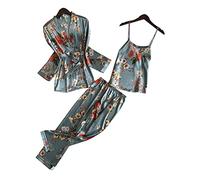 XKUN Pajamas 3Pcs Women Pajamas Set Lady Emulation Silk Pyjama Sets Flower Sleepwear With Removable Padded-Green Flower No Pad,40-55Kg