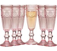 XKXKKE 6 Pcs 5 Ounces Glass Champagne Flutes, Vintage Flower Embossed Colored Glass Sparkling Wine Glasses for Champagne, Cava, Prosecco, Party, Wedding, Bar Fancy Glasses Set of 6 Pink
