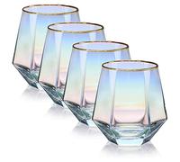 XKXKKE Diamond Wine Glasses Set of 4, 10 OZ Modern Stemless Gold Rim Glass Cups Iridescent Drinking Glassware for Serving Party, Home, Bar, Restaurants, Gift, Rainbow Tumbler, Colorful 4 Pack