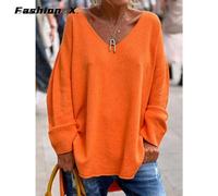 (XL, as the picture) Europe And The United States Women's Solid Color V-neck Long-sleeved Loose Casual Comfortable T-shirt Tops