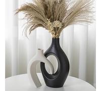 XL Black and Beige Snuggle Hollow Ceramic Vase of 2 for Coffee Table Decor, Modern Minimalist Aesthetic Donut Floral Vases, for Home Living Room Entryway Table Shelves Decorative (W 6.8" X H 11")