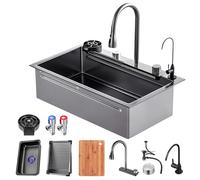 XL Large Black Waterfall Kitchen Sink 80x50 cm Rectangular Stainless Steel Single Basin with Siphon & Drain Fitting Wall Mounted for Contemporary Kitchens