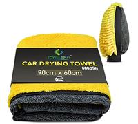 XL Microfibre Towels for Cars Drying YELLOW/GREY 90cmx60cm Extra Large Size Absorbent Fast Dry Auto Motorcycles Exterior Cleaning Towels 800gsm (Yellow/Grey (1 x Drying Towel + 1 x Wash Mitt), 2)