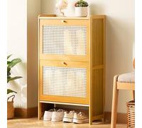 XL Modern Shoe Cabinet with Natural Rattan Flip Drawers Slim Storage Organizer for Foyer or Hallway Original Wood Color 2Door Design 50cm (19.7 in)