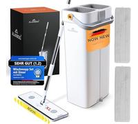 XL Mop and Bucket Set, Dual-Chamber System, 143-181 cm Telescopic Handle, 40 cm Flat Floor Mop, Self-Wringing with Pet Hair Remover and 2 Microfibre Pads, White - ALANBERG®