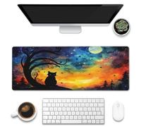 XL Mouse Pad,Black Cat Under The Moon Large Gaming Mouse Pad,Northern Lights Night Sky Desk Mat,Extended Big Computer Keyboard Desk Pad with Non-Slip Base and Stitched Edge 31.5"x11.8"