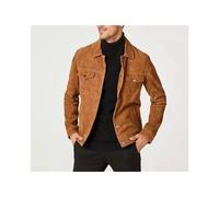 (XL, Real Genuine Leather) Men's Suede Leather Bomber Jacket Casual Slim Fit Brown Suede Button Down Shirt