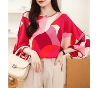 (XL, rose red) Early Spring Plus Size Mulberry Silk Top with Stylish Bat Sleeves Small Shirt