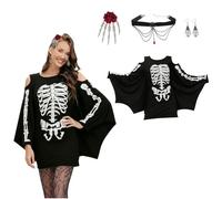 XL Skeleton Costume Women's Black Skeleton Costume Halloween, Women's Witch Vampire Pumpkin Zombie Bride, Cold Shoulder Bat Dress, Suitable for Adults and Teenagers, Cosplay Ghost Bride