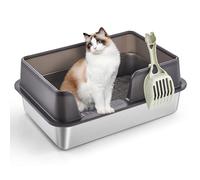 XL Stainless Steel Cat Litter Box, Large Cat Litter Tray with High Sides Anti Leakage, Odor Control, Metal Litter Box with Anti-slip Bottom, Easy Cleaning Kitten Litter Tray for Cats, Black