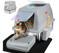XL Stainless Steel Litter Box, Top Exit Design, Non Stick, No Smell, Easy Cleaning, Activated Charcoal Odor Control Design, Half/Fully Enclosed Design, Trapping Box, mat & Scoop Included