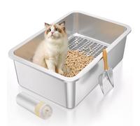 XL Stainless Steel Sifting Litter Box for Big Cats,Metal Sifting Cat Litter Box for Wood Pine Pellets,Extra Large Sifter Litter Pan System,Odor Control,Easy to Clean,with Liners and Metal Scoop