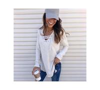 (XL, White) New Popular Solid Color V-neck Strap Loose Top T-shirt