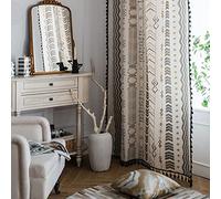 Xlabor Boho Vintage Curtains with Tassel Semi Blackout Curtains with Eyelets Cotton Linen Decorative Curtain for Living Room Bedroom Pack of 1 Motif B 150 x 220 cm