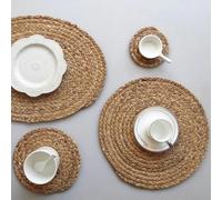 XLANDALYUEFA Placemats,1/3pcs 11-30cm Round Woven Placemats Boho Rattan Placemats Natural Hand-Woven Water Hyacinth Placemats,Rustic Braided Wicker Table Mats for Table(3pcs 11/18/30cm)