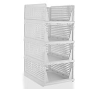 XLARGE 35.5L | H25cm | 4 Pack Stackable Wardrobe Storage Drawers - L43×W33×H25 cm each, Foldable Plastic Closet Organiser Baskets for Bedroom Bathroom Kitchen - Space-Saving Design, White