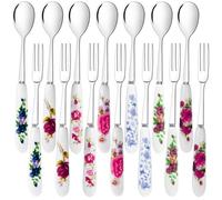 xlehoely 14 Pcs Dessert Forks and Spoons Silverware Set,Stainless Steel Cutlery Forks,Mini Coffee Spoons Pastry Forks with Porcelain Handles,Cake Fork Tea Spoons for Dessert Appetizers,Salad,Fruit