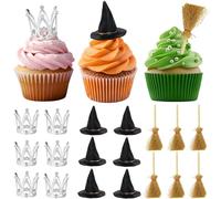 XLENGO 18 Pcs Witch Birthday Cupcake Toppers, Witch Hat Cake Topper Crown and Broom Cake Decorations for Witch Themed Birthday Party Supplies