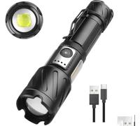 XLENTGEN Torch Super Bright 50000 Lumen, USB Rechargeable Powerful LED Tactical Military Torches with COB Light, 6 Lighting Modes, Zoomable Waterproof Flashlight, Battery Included