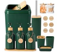 XLHOMO 17PCS Green Bathroom Set with 3PCS Lotion Soap Dispenser, Toothbrush Holder, Trash Can, Vanity Tray, Q-tip Holder, Wood Tags - Rustic, Farmhouse Style