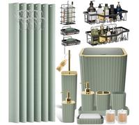 XLHOMO 28PC Bathroom Accessories Set - Gorgeous Sage Green Bathroom Set with Shower Caddy and Shower Curtain, Bathroom Accessory Set, Bathroom Rug Set & Trash Can