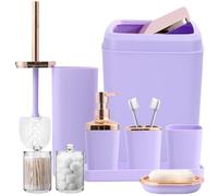 XLHOMO 9-Piece Bathroom Accessories Set, Purple Bathroom Accessories Sets Complete with Trash Can,Tray,Soap Dispenser,Toothbrush Holder,Toothbrush Cup,Soap Dish,Toilet Brush and Q-tip Holders