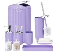 XLHOMO 9PCS Purple Bathroom Accessories Set Complete with Trash Can, Vanity Tray, Soap Dispenser, Soap Dish, Toothbrush Holder, Toothbrush Cup, Toilet Brush and Qtip Holders