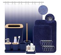 XLHOMO Bathroom Accessory Set - Complete Bathroom Set with Shower Curtain, No Slip Rugs and More, Blue Ombre Water-Proof Shower Curtain with Hooks