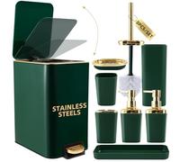 XLHOMO Bathroom Set Bathroom Accessories Set 8 Piece Green and Gold Bathroom Set, Bathroom Sets with Stainless Steel Trash Can,Toilet Brush,Toothbrush Set,Soap Dispenser