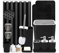 XLHOMO Bathroom Set with Shower Curtain and Rugs- 25PC Bathroom Accessory Set, Black Bathroom Set, Toilet Brush, Trash Can, Qtip Holder & Soap Dispenser