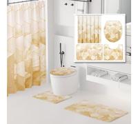 XLHOMO Bathroom Sets with Shower Curtain and Rugs - 4PC Beige Geometric Shower Curtain Set with 12 Hooks, Toilet Cover, U-Shaped Mat and Rugs Modern Abstract Bathroom Accessories for Bathroom