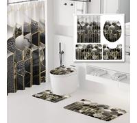 XLHOMO Bathroom Sets with Shower Curtain and Rugs - 4PC Black Geometric Shower Curtain Set with 12 Hooks, Toilet Cover, U-Shaped Mat and Rugs Modern Abstract Bathroom Accessories for Bathroom