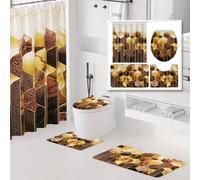 XLHOMO Bathroom Sets with Shower Curtain and Rugs - 4PC Brown Geometric Shower Curtain Set with 12 Hooks, Toilet Cover, U-Shaped Mat and Rugs Modern Abstract Bathroom Accessories for Bathroom