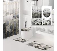 XLHOMO Bathroom Sets with Shower Curtain and Rugs - 4PC Grey Geometric Shower Curtain Set with 12 Hooks, Toilet Cover, U-Shaped Mat and Rugs Modern Abstract Bathroom Accessories for Bathroom
