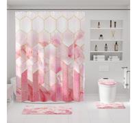 XLHOMO Bathroom Sets with Shower Curtain and Rugs - 4PC Pink Geometric Shower Curtain Set with 12 Hooks, Toilet Cover, U-Shaped Mat and Rugs Modern Abstract Bathroom Accessories for Bathroom