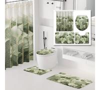 XLHOMO Bathroom Sets with Shower Curtain and Rugs - 4PC Sage Green Geometric Shower Curtain Set with 12 Hooks, Toilet Cover, U-Shaped Mat and Rugs Modern Abstract Bathroom Accessories for Bathroom