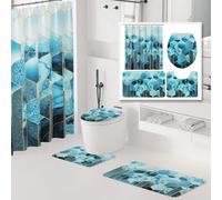 XLHOMO Bathroom Sets with Shower Curtain and Rugs - 4PC Teal Geometric Shower Curtain Set with 12 Hooks, Toilet Cover, U-Shaped Mat and Rugs Modern Abstract Bathroom Accessories for Bathroom