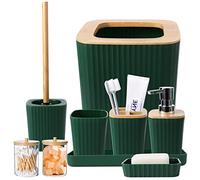 XLHOMO Beige Bathroom Set, 9-Piece Bathroom Accessories Sets Complete with Trash Can, Vanity Tray, Soap Dispenser, Soap Dish, Toothbrush Holder, Toothbrush Cup, Toilet Brush and Qtip Holders for Home