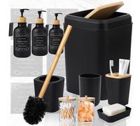 XLHOMO Black and Wood Bathroom Accessories Set 19Pcs, Bathroom Set with Trash Can and Toilet Brush, 3PCS Drill Free 17oz Soap Dispenser Wall Mounted, Toothbrush Holder and Cup, Soap Dish, Qtip Holder
