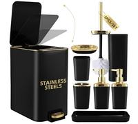 XLHOMO Black Bathroom Accessories Set 8 Piece Black and Gold Bathroom Set, Bathroom Sets with Stainless Steel Trash Can,Toilet Brush,Toothbrush Set,Soap Dispenser
