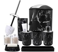 XLHOMO Black Marble Bathroom Accessories Set, Black Bathroom Set with Trash Can, Vanity Tray, Soap Dispenser, Soap Dish, Toothbrush Holder, Toothbrush Cup, Toilet Brush and Qtip Holders for Bathroom