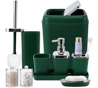 XLHOMO Dark Green Bathroom Accessories Set, Green Bathroom Set with Trash Can, Toothbrush Cup, Soap Dispenser, Soap Dish, Toilet Brush Holder, 2 Qtip Holder Dispensers and Tray