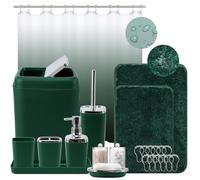 XLHOMO Dark Green Bathroom Accessories Set with Ombre Shower Curtain and Non-Slip Bath Rugs,24PC Sets Trash Can, Toothbrush Holder, Cup, Soap Dispenser, Tray, Dish, Toilet Brush, Qtip Holder