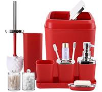 XLHOMO Dark Red Bathroom Accessory Set, 9-Piece Burgundy Set with Trash Can, Toothbrush Cup, Soap Dispenser, Soap Dish, Toilet Brush Holder, 2 Qtip Dispensers and Tray